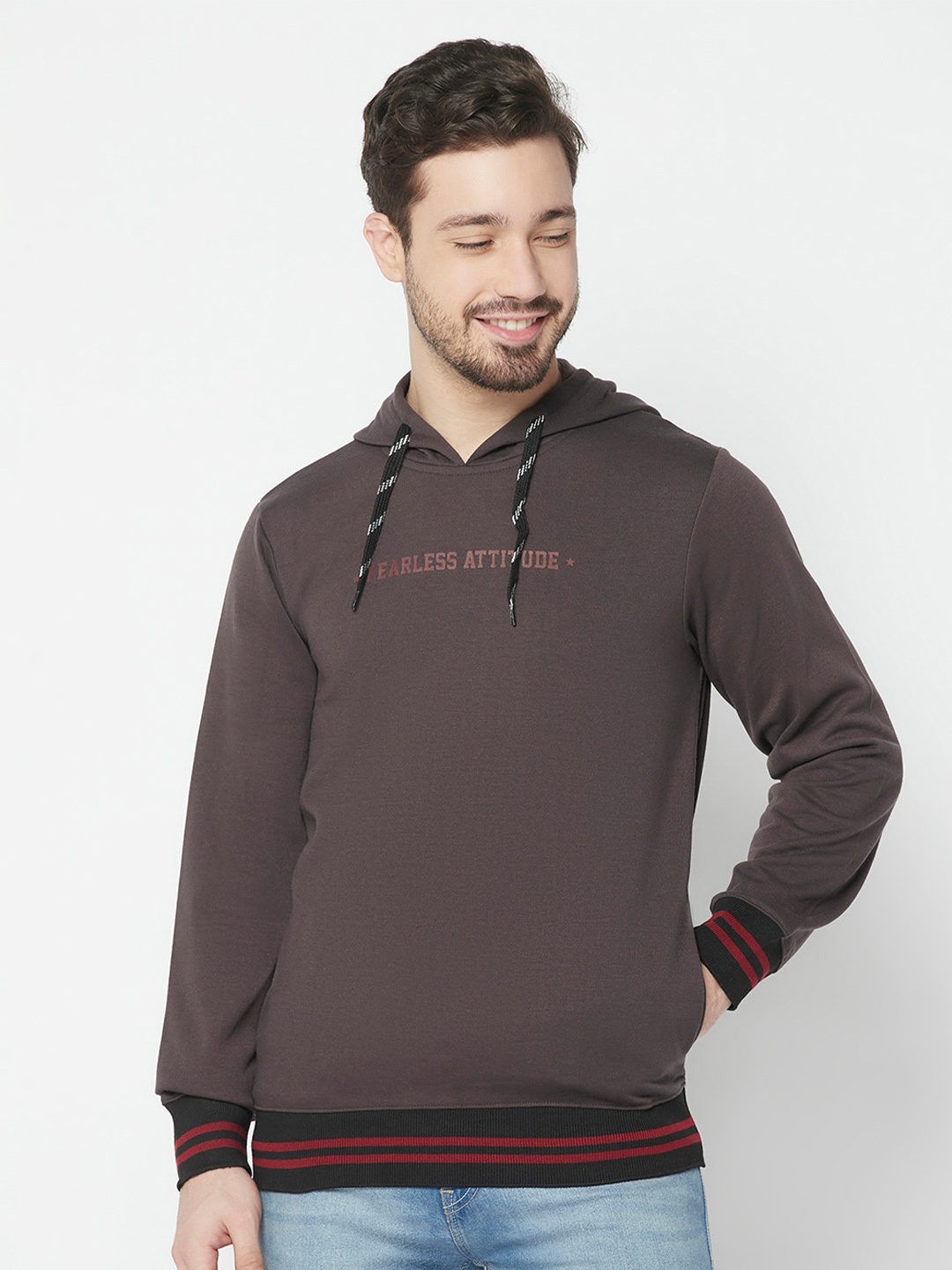 

ELEGANCE Men Brown Cotton Hooded Sweatshirt