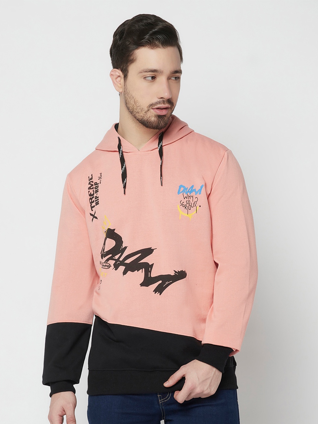 

ELEGANCE Men Peach Cotton Colourblocked Hooded Sweatshirt