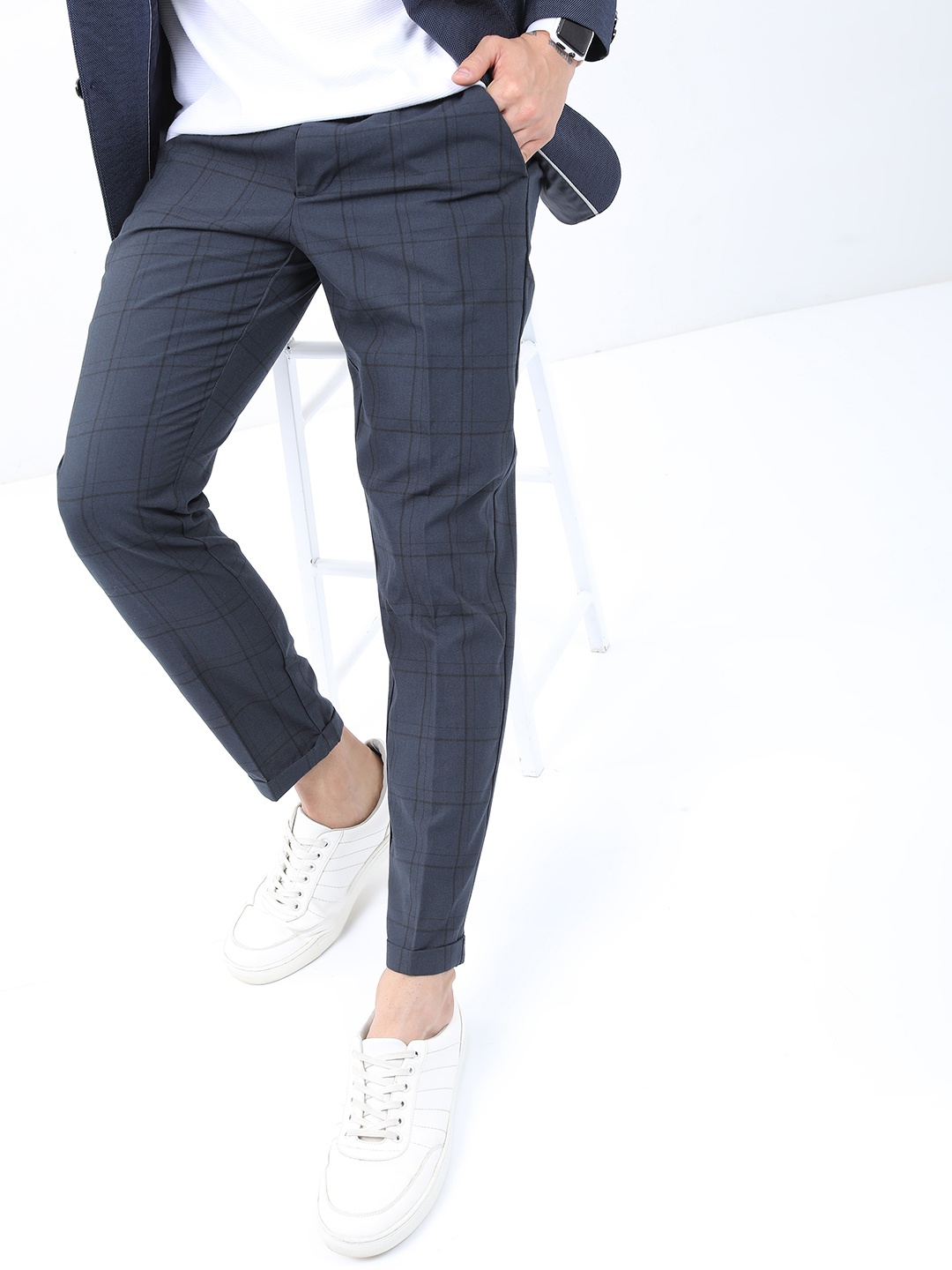 

HIGHLANDER Men Elasticated Waist Band and Turn Up Hem Smart Formal Trousers, Navy blue