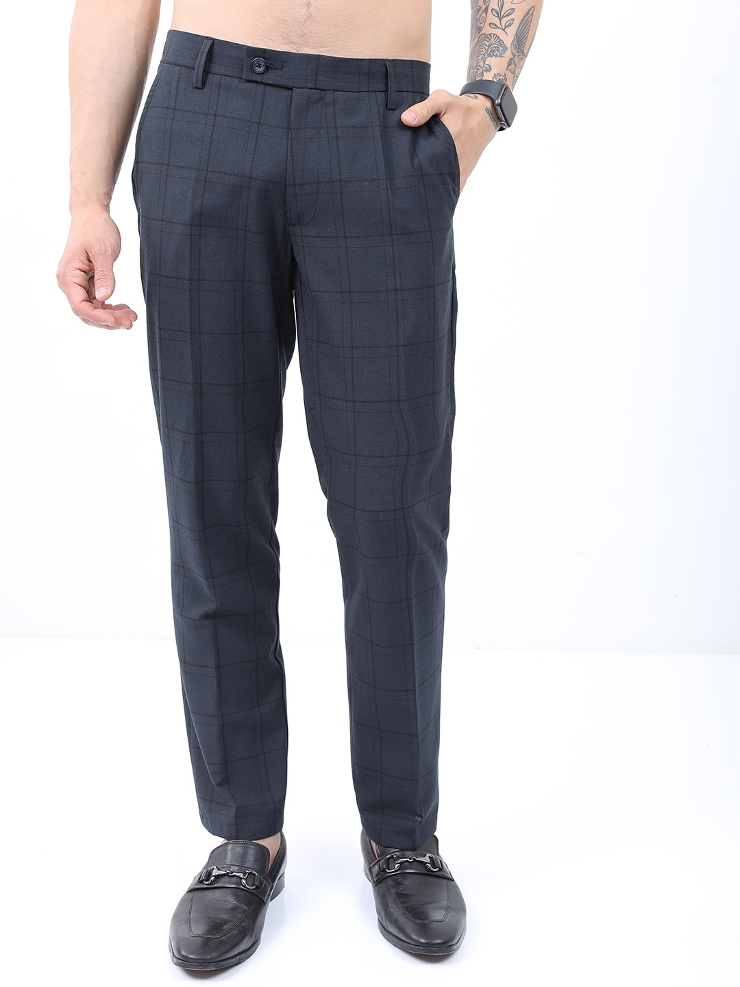 

Highlander Men Smart Formal Trousers with Elasticated Waist Band & Turn Up Hem, Navy blue