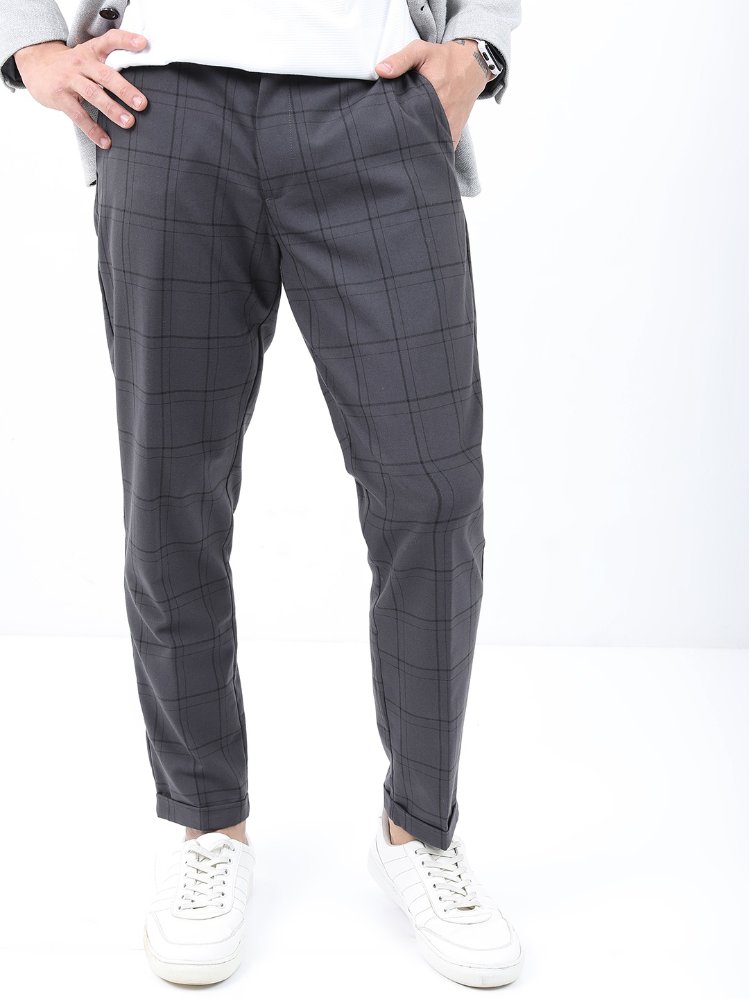 

HIGHLANDER Men Smart Formal Trousers with Elasticated Waist Band & Turn Up Hem, Charcoal