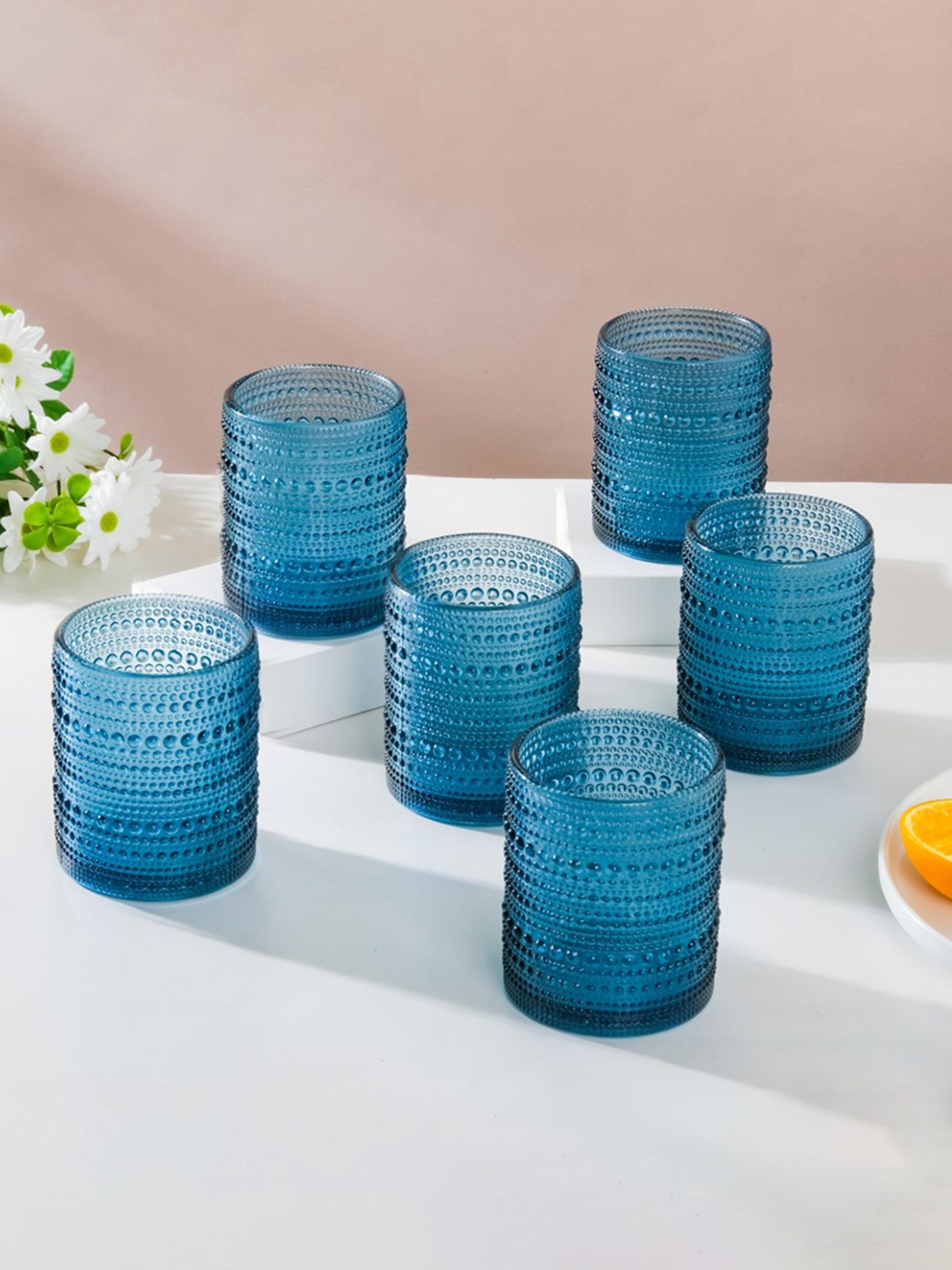 

Nestasia Blue Set Of 6 Textured Bubbly Glass 250 ml Each