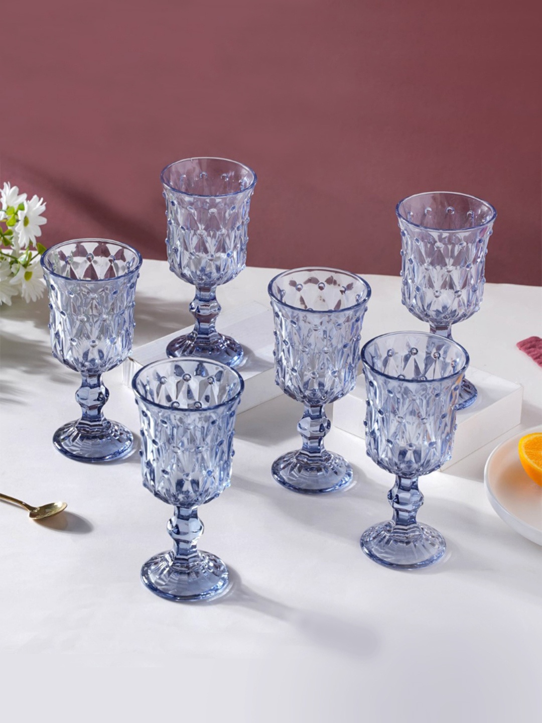 

Nestasia Blue Set Of 6 Textured Crystal Wine Glass 300 ml