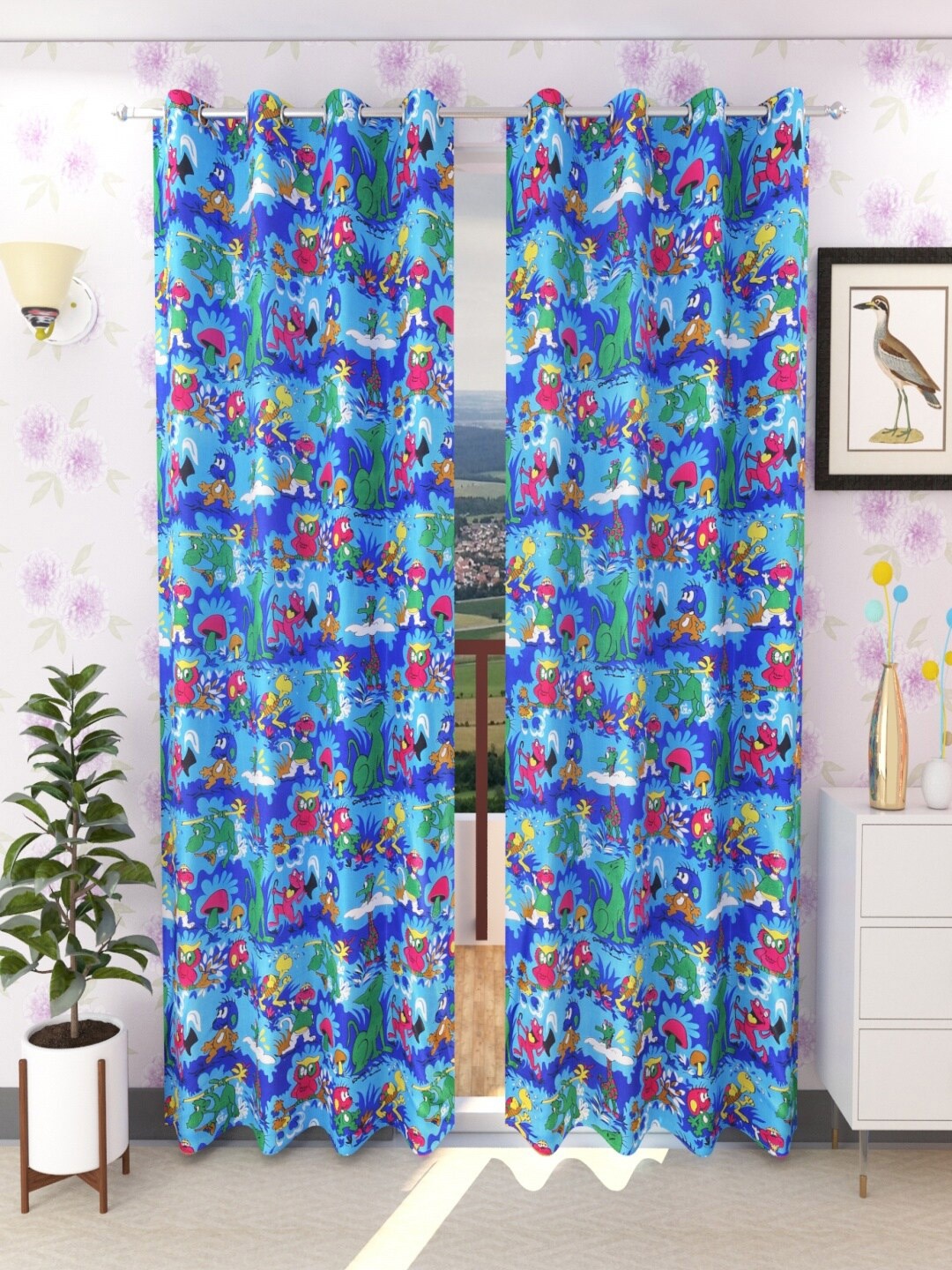 

Homefab India Turquoise Blue & Green Set of 2 Quirky Long Door Curtains 9 Feet