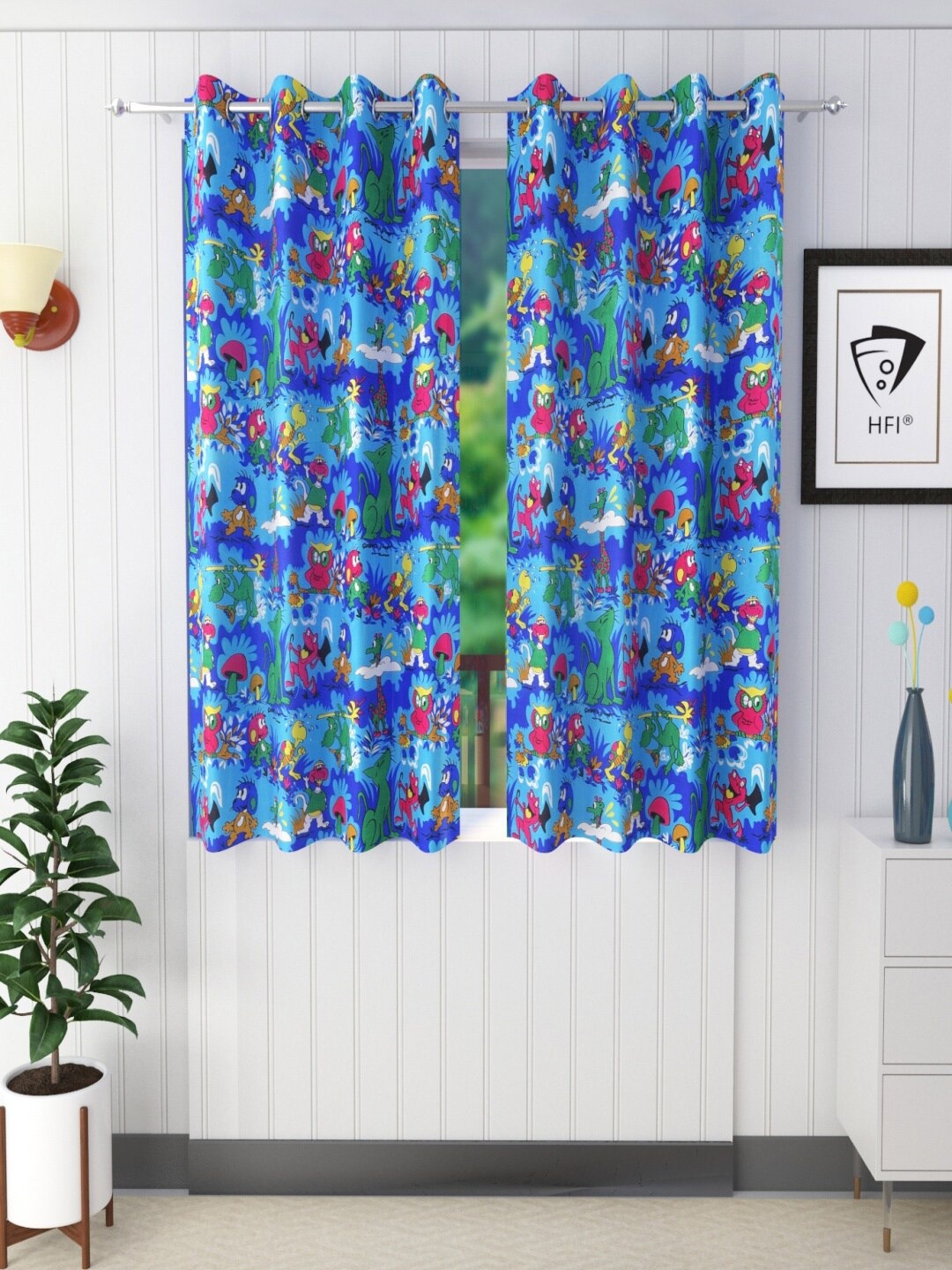 

Homefab India Turquoise Blue & Red Set of 2 Window Curtains 5 Feet