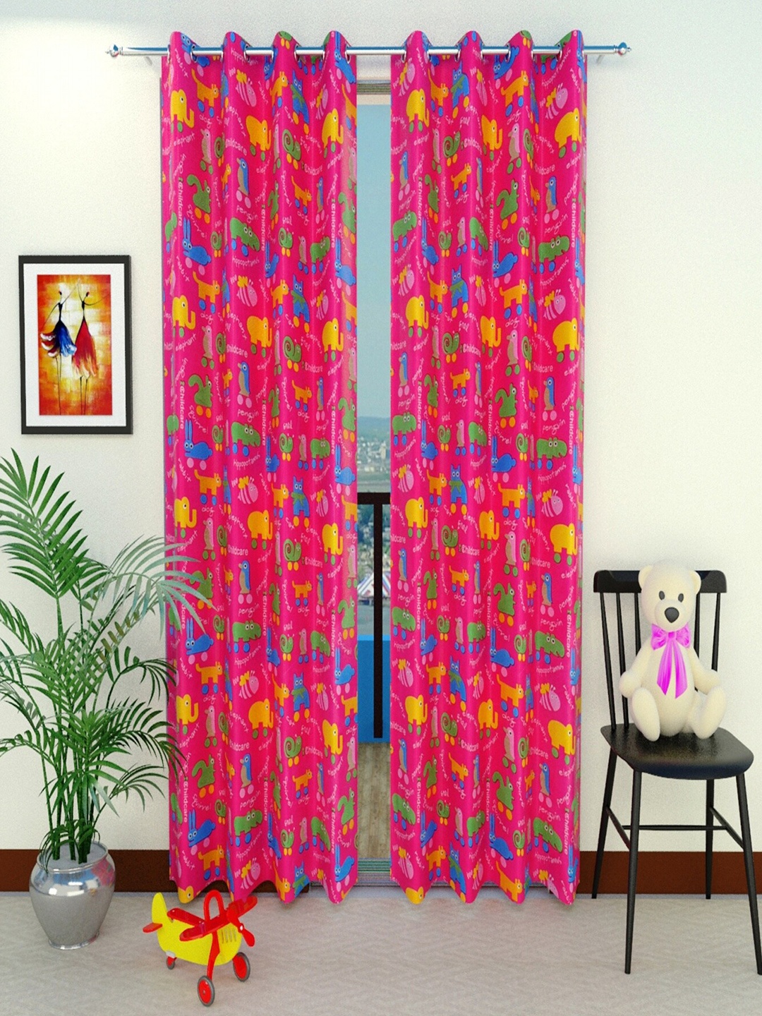 

Homefab India Pink & Yellow Set of 2 Window Curtains 5 Feet