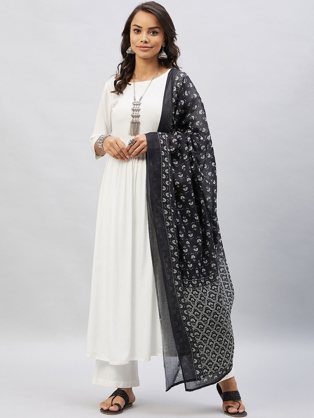

InWeave Women Empire Kurta with Palazzos & Dupatta, White