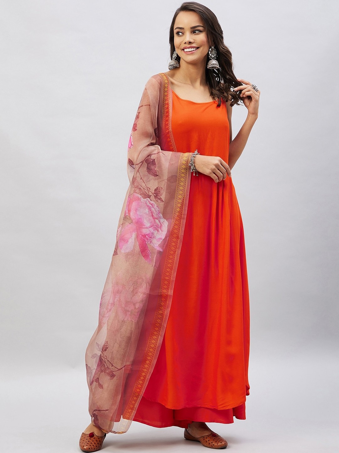 

InWeave Women Pleated Kurta with Palazzos & With Dupatta, Orange