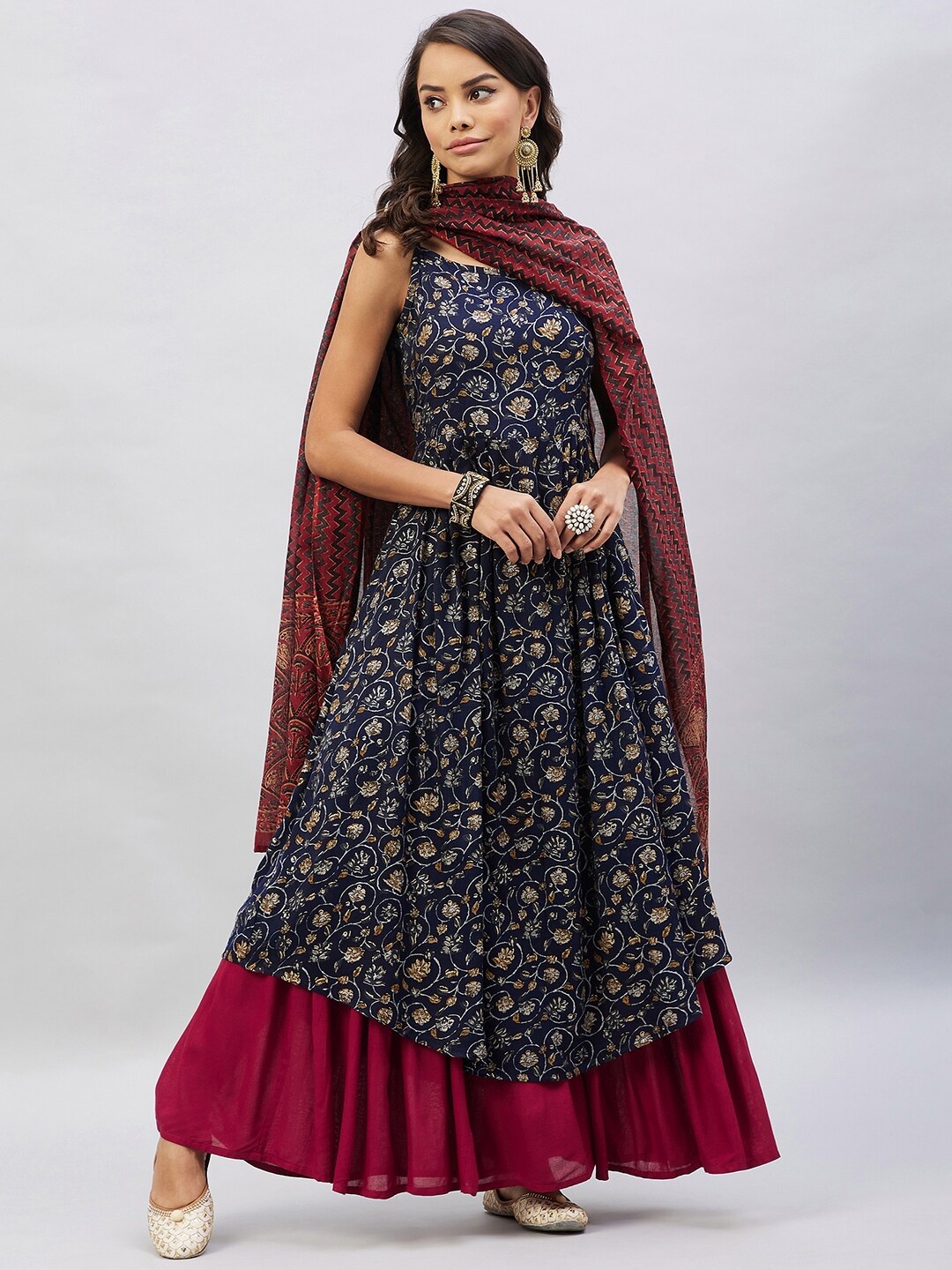 

InWeave Women Floral Printed Pleated Kurta with Palazzos & With Dupatta, Blue