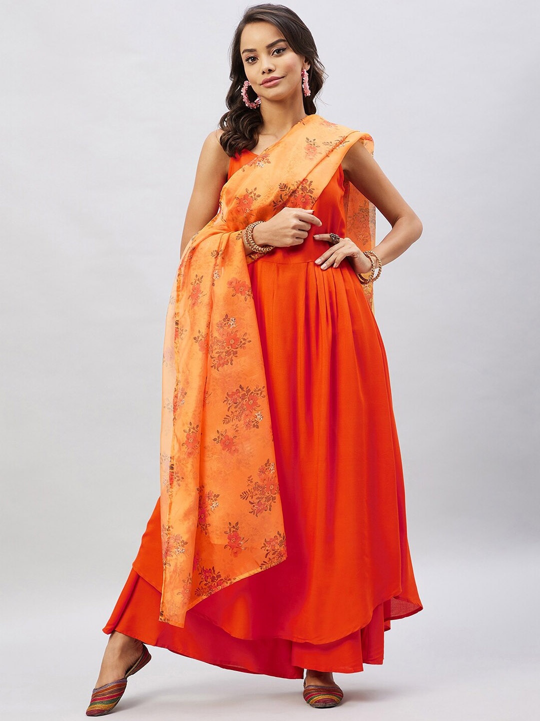

InWeave Women Pleated Kurta with Palazzos & With Dupatta, Orange