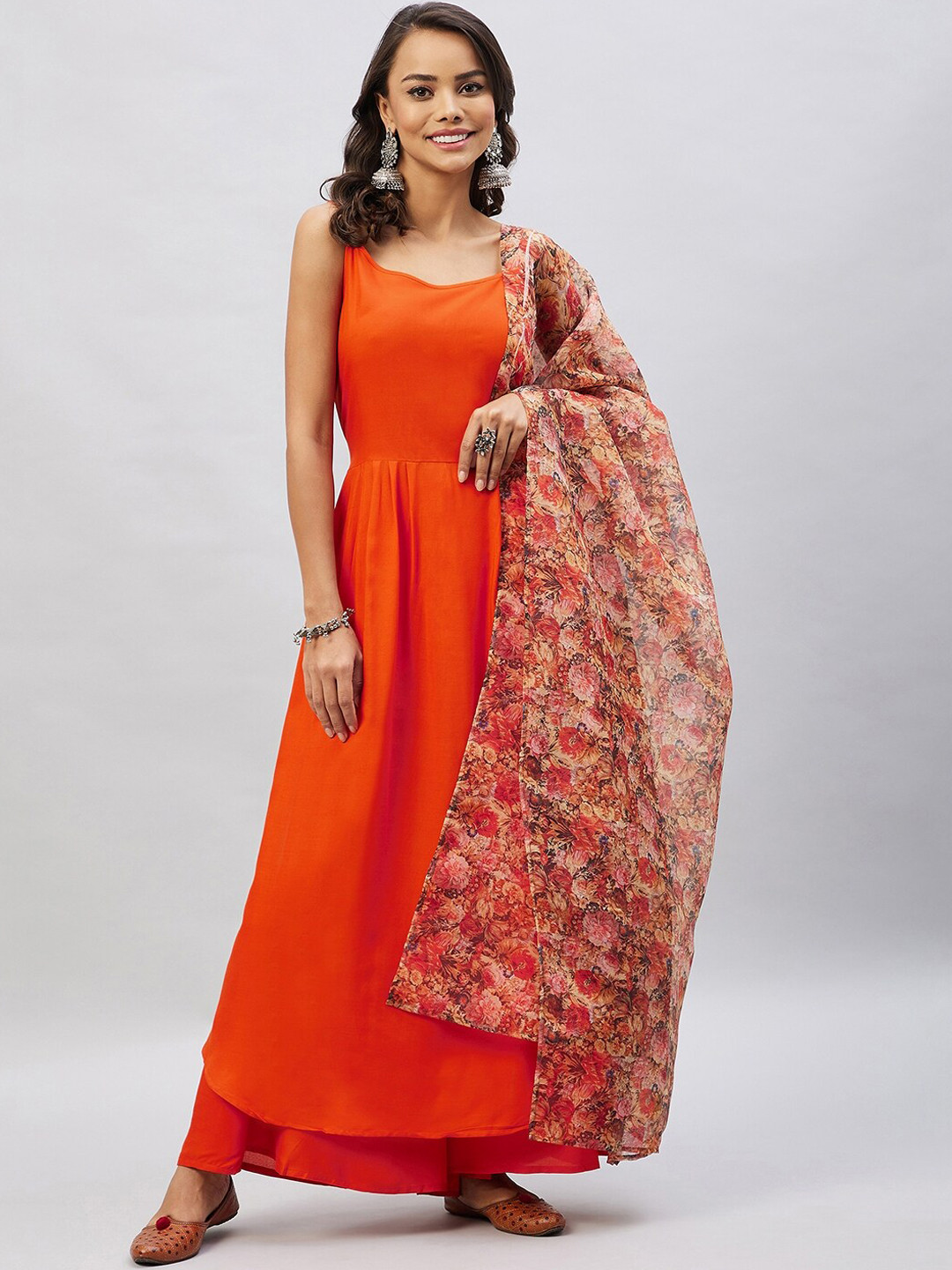 

InWeave Women Pleated Kurta with Palazzos & With Dupatta, Orange
