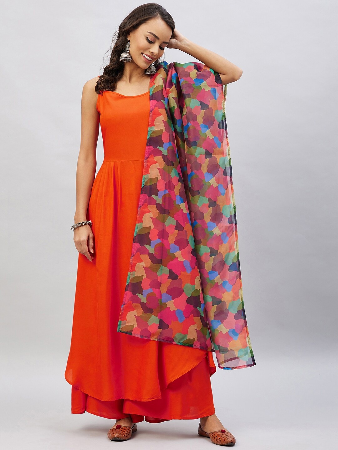 

InWeave Women Pleated Kurta with Palazzos & With Dupatta, Orange