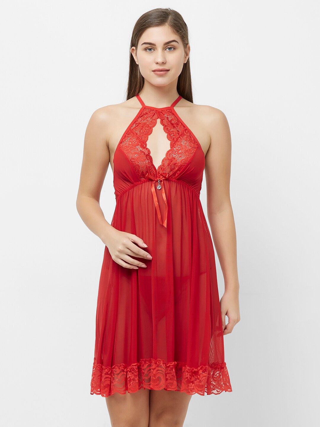 

FashionRack Self Design Net Halter Neck Baby Doll, Red