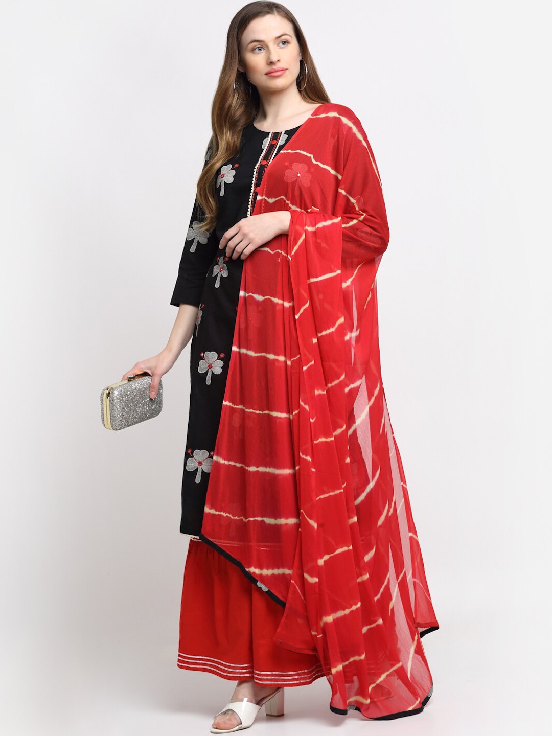 

KALINI Women Black Floral Embroidered Thread Work Kurta with Sharara & With Dupatta