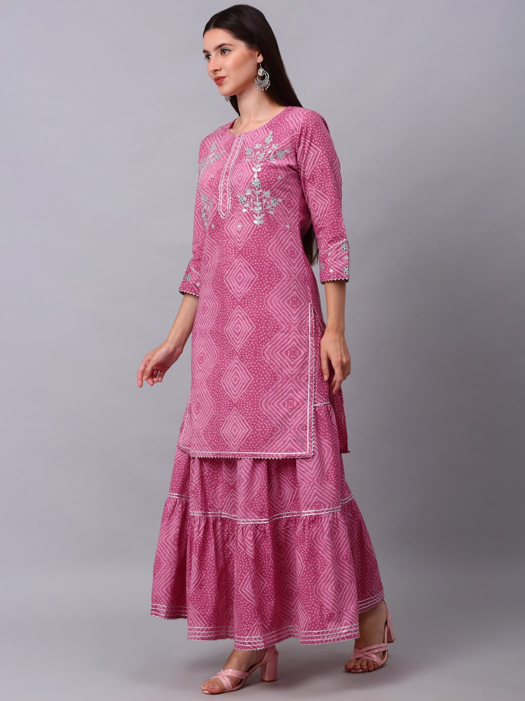 

KALINI Women Fuchsia Bandhani Printed Gotta Patti Pure Cotton Kurta with Skirt