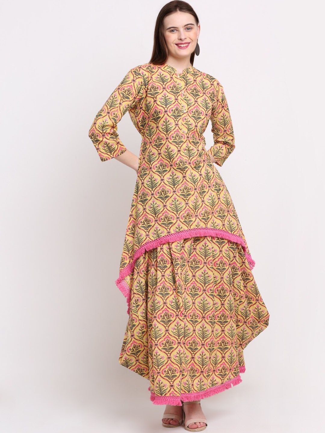 

KALINI Women Yellow Floral Printed Pure Cotton Kurta with Dhoti Pants