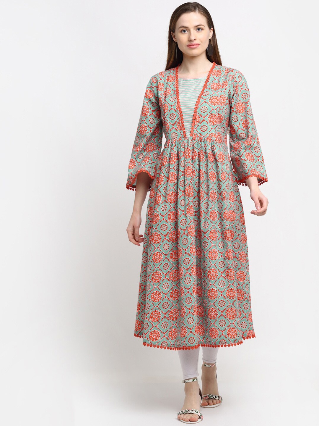 

KALINI Women Ethnic Motifs Printed Pure Cotton Flared Sleeves Floral Anarkali Kurta, Fluorescent green