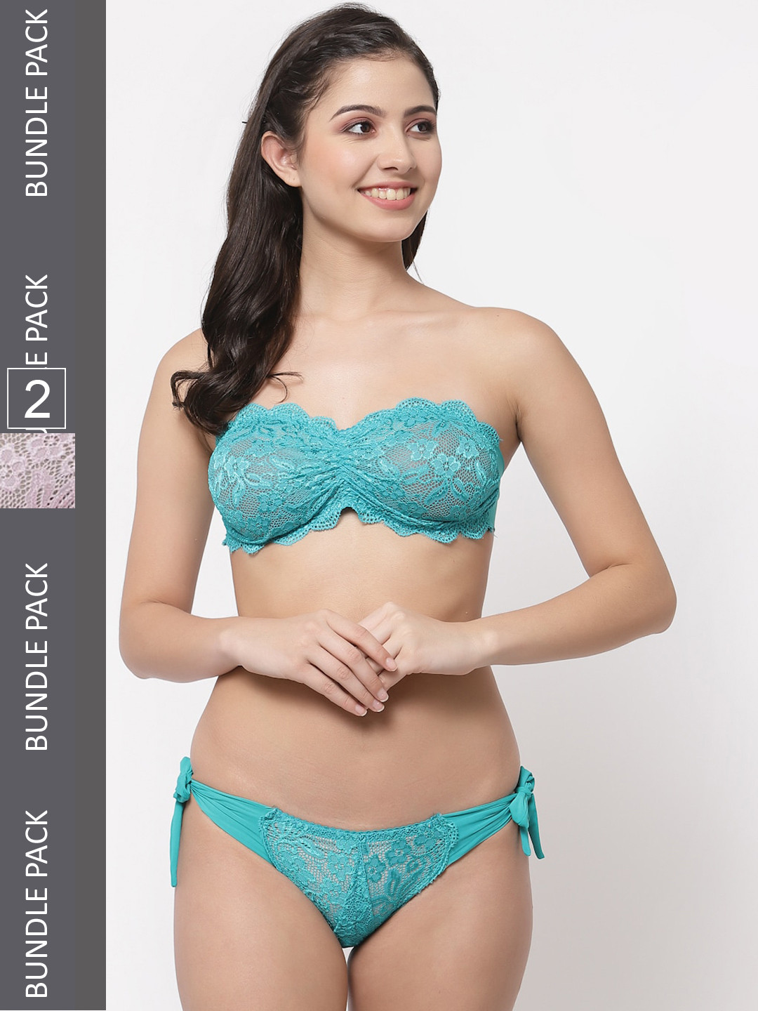 

College Girl Pack Of 2 Self-Design Lightly Padded Lace Lingerie Set, Sea green