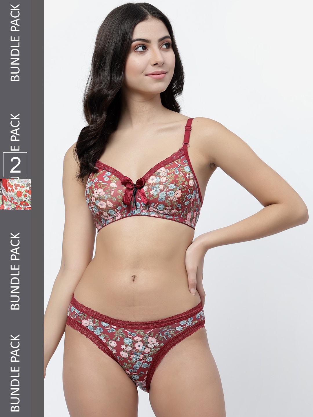 

College Girl Pack Of 2 Floral Printed Laced Lingerie Set, Red