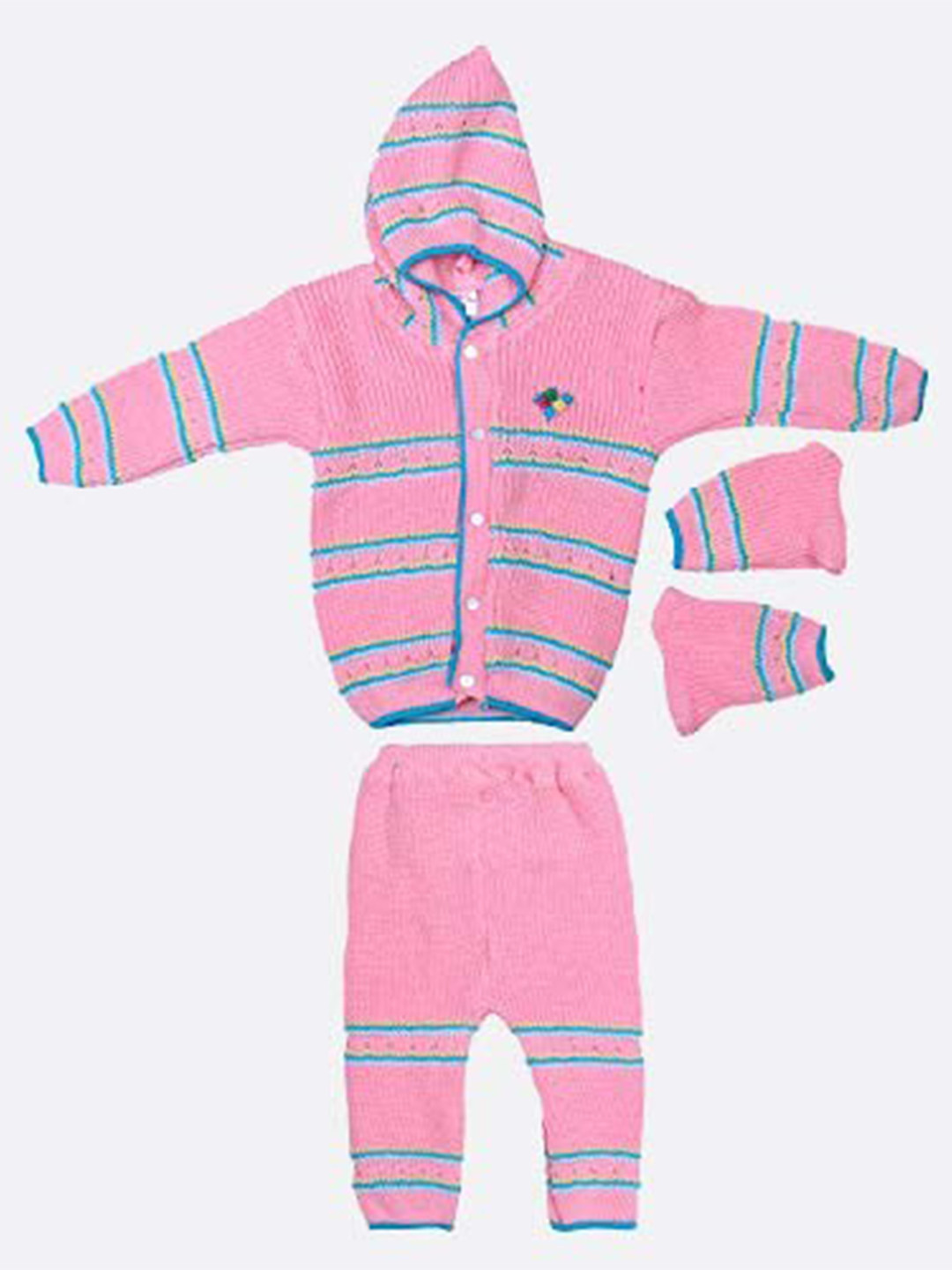 

Superminis Kids Striped Woolen Shirt with Trousers & Mittens, Pink