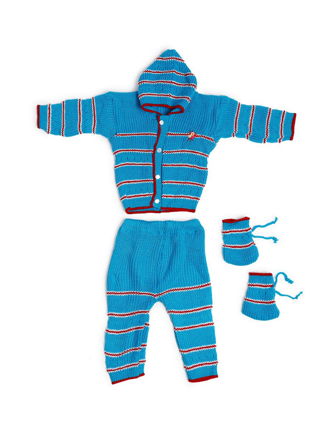 

Superminis Kids Striped Woolen Shirt with Trousers & Mittens, Turquoise blue