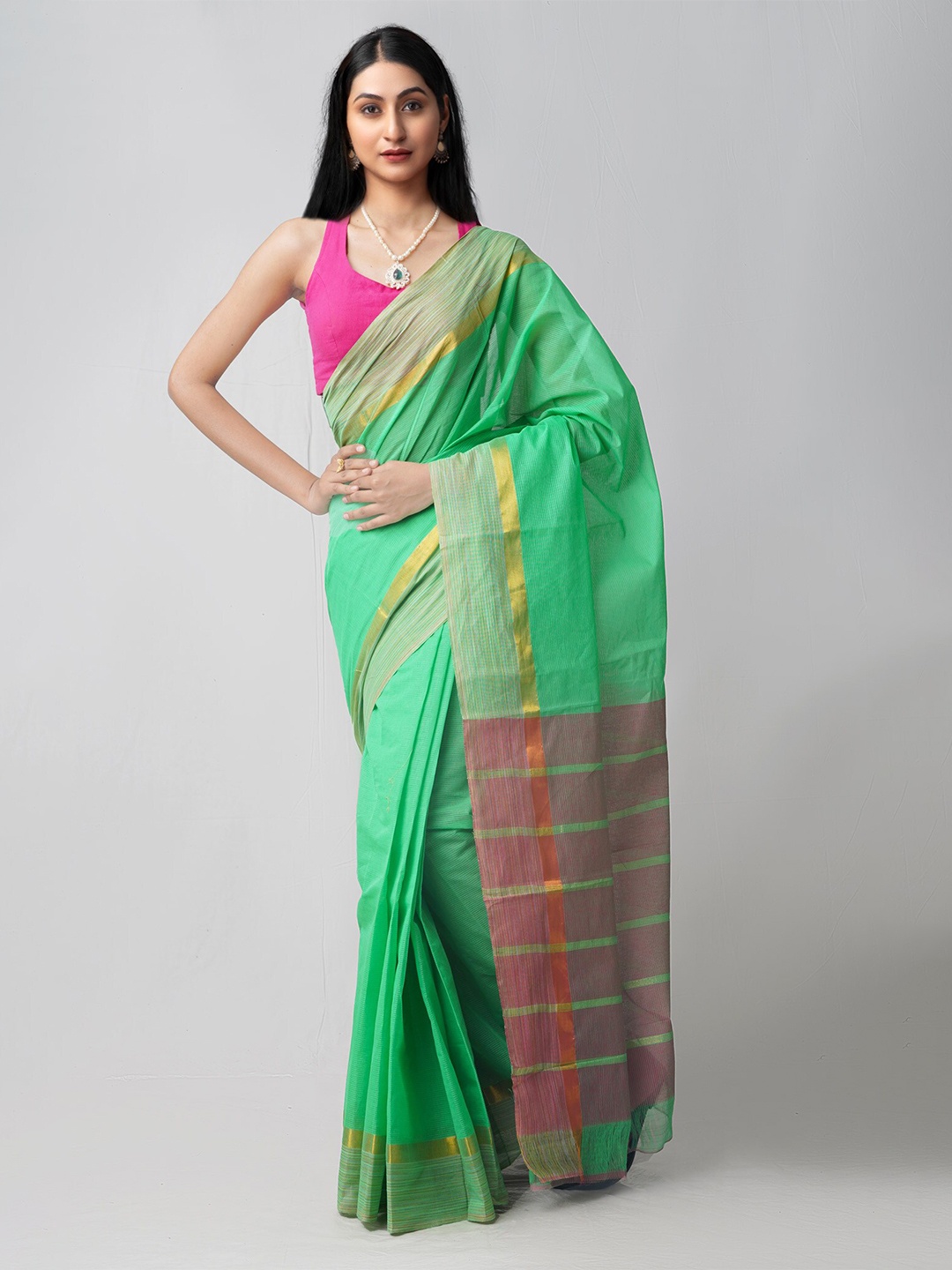 

Unnati Silks Woven Design Pure Cotton Mangalagiri Zari Saree, Green