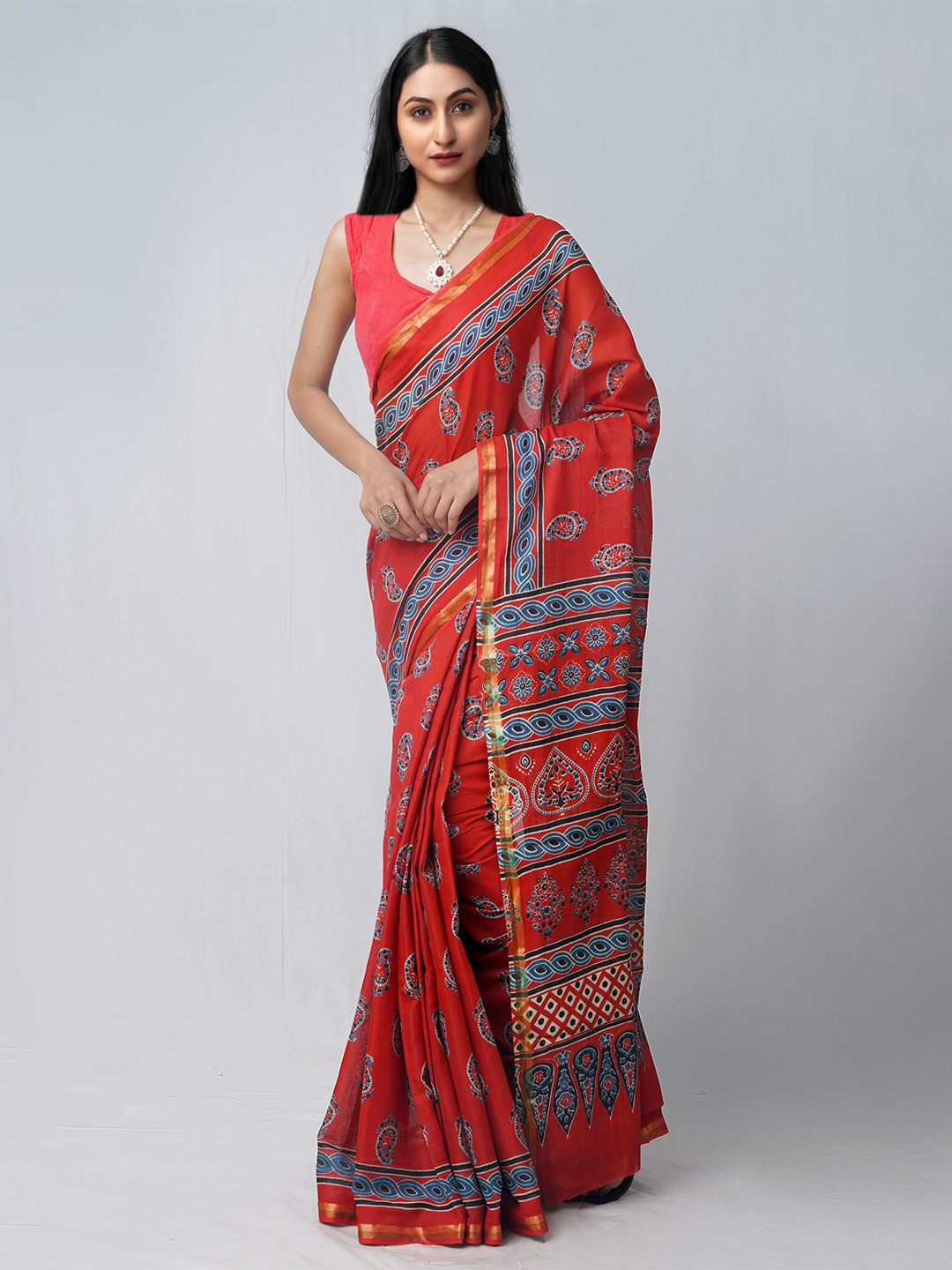 

Unnati Silks Ajrakh Print Pure Cotton Patola Zari Saree, Red