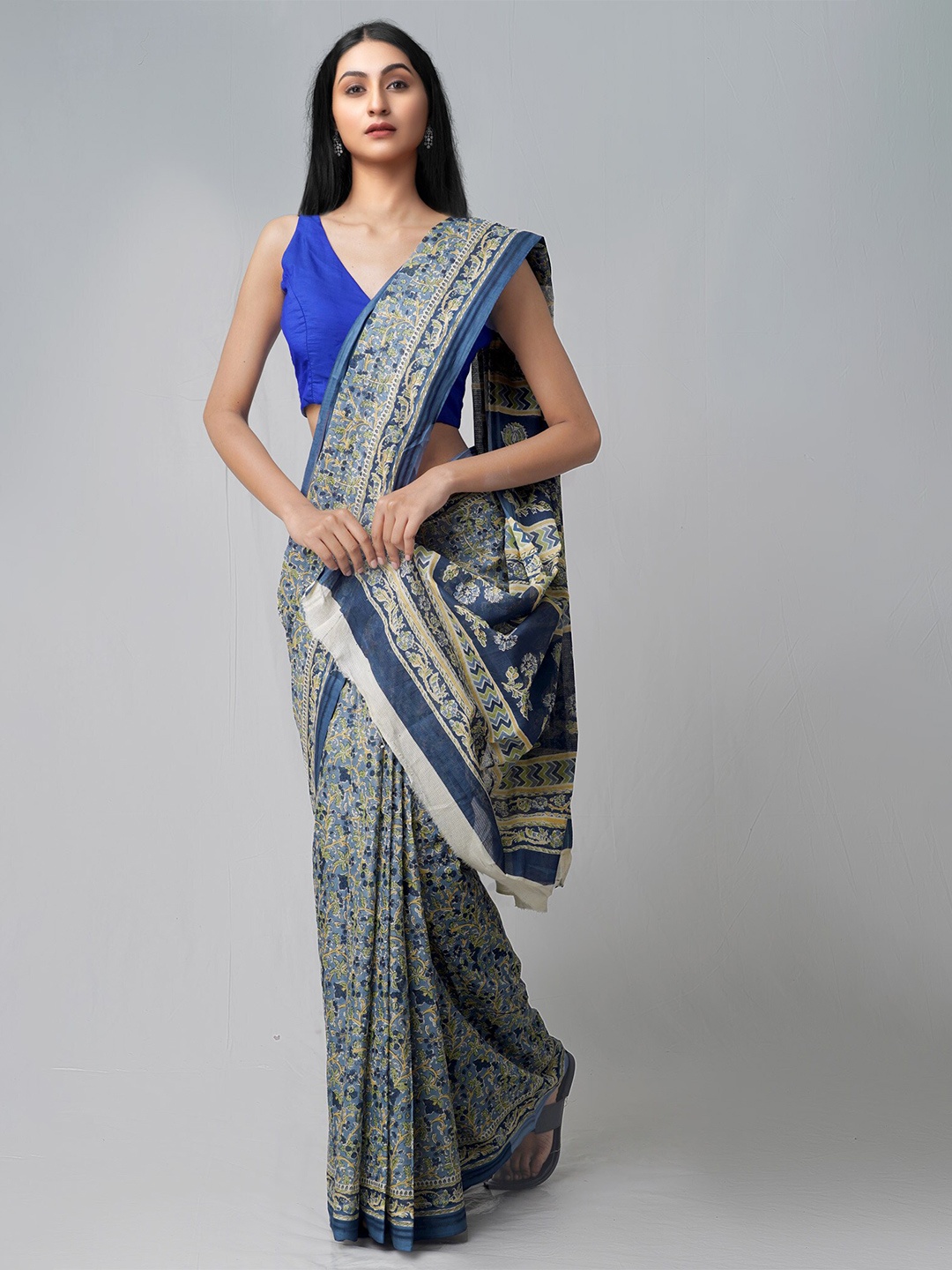 

Unnati Silks Ethnic Motifs Block Print Pure Cotton Saree, Blue