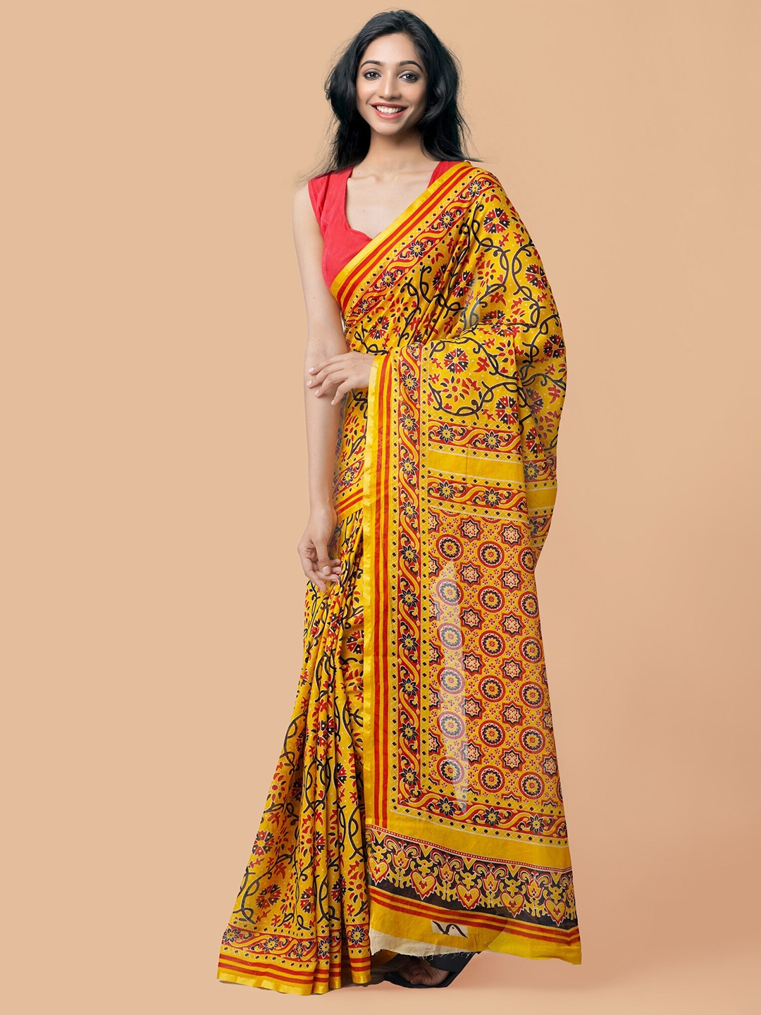 

Unnati Silks Ethnic Motifs Print Pure Cotton Patola Saree, Yellow