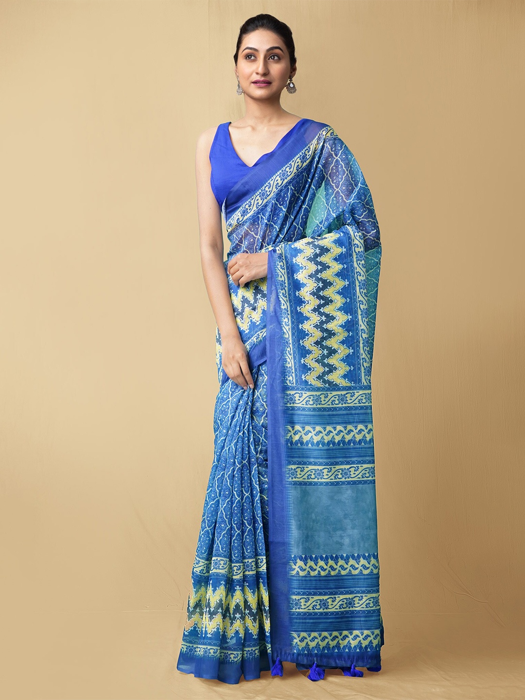

Unnati Silks Geometric Print Silk Cotton Chanderi Saree, Blue
