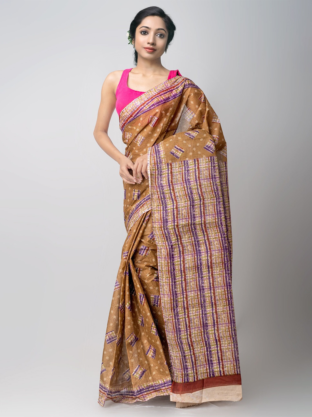 

Unnati Silks Geometric Block Print Pure Cotton Saree, Brown