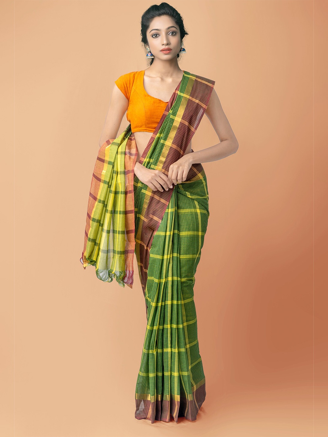 

Unnati Silks Checked Pure Cotton Mangalagiri Zari Saree, Green