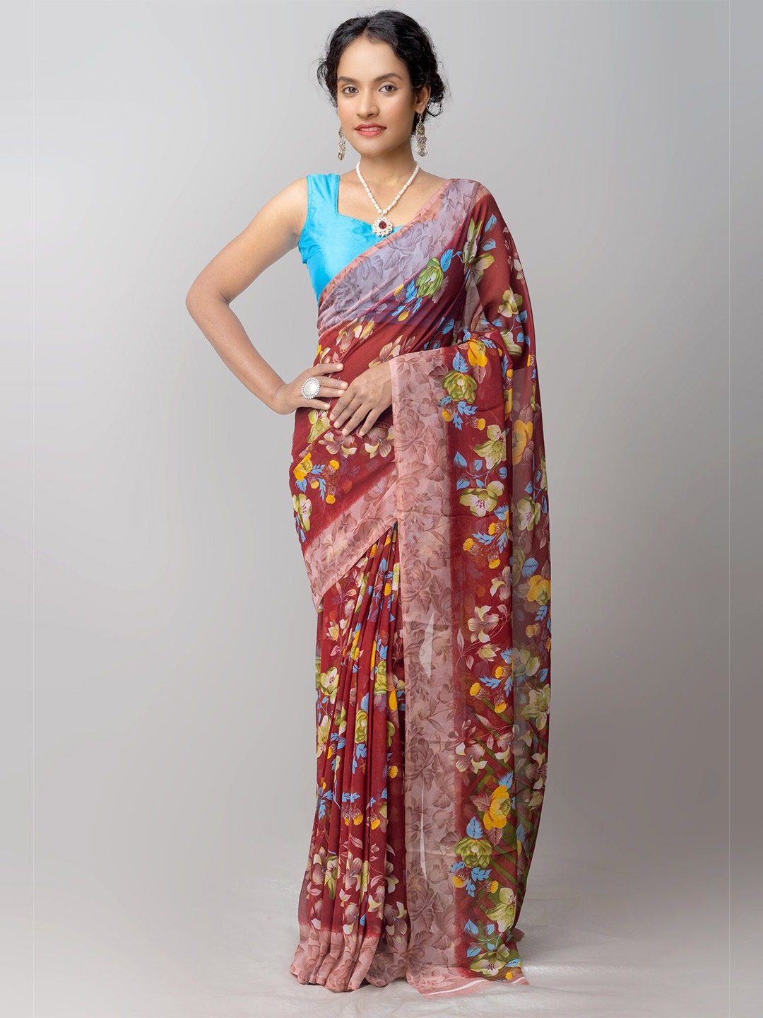 

Unnati Silks Floral Block Print Saree, Maroon