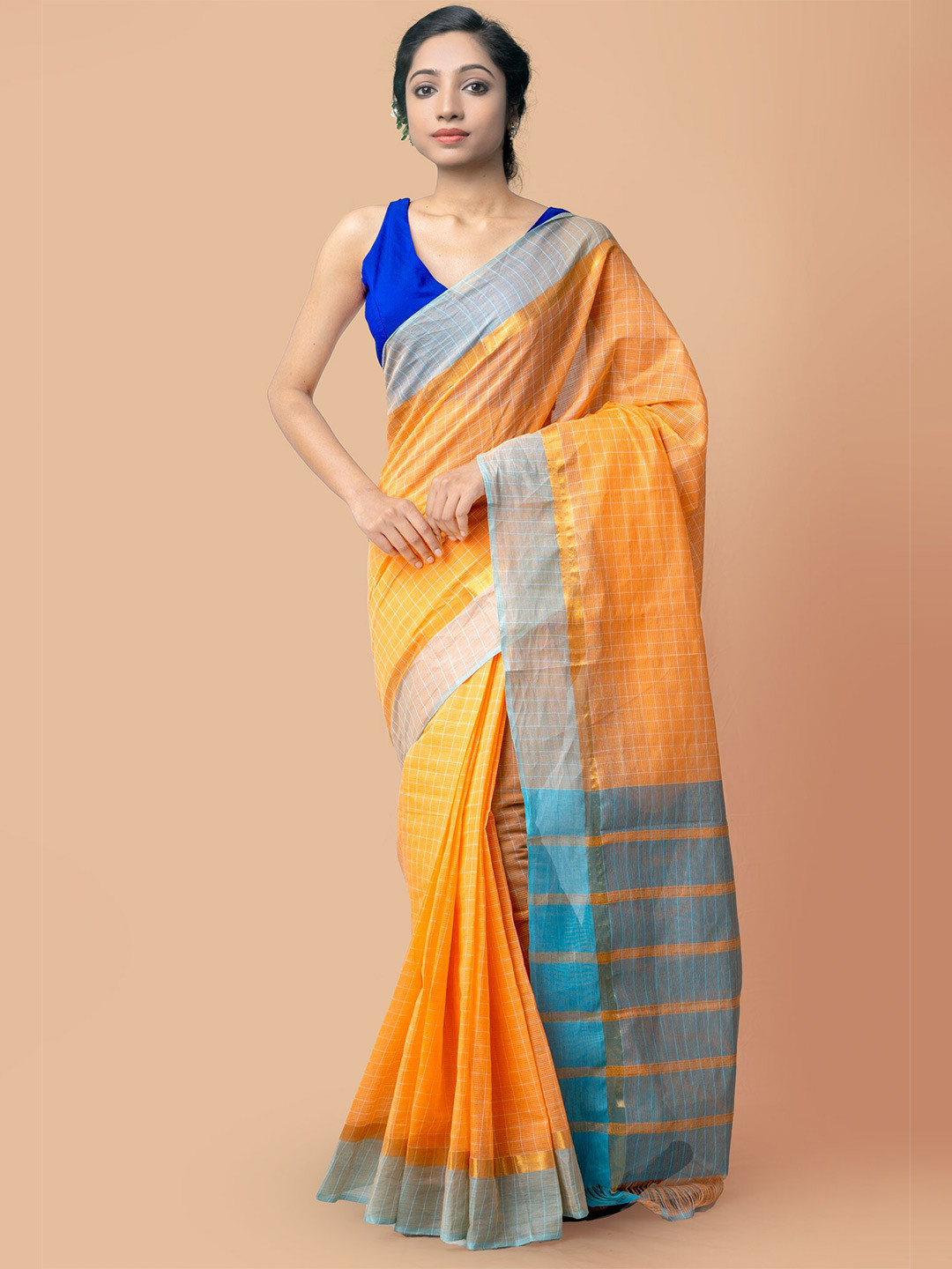 

Unnati Silks Checked Pure Cotton Mangalagiri Zari Saree, Peach