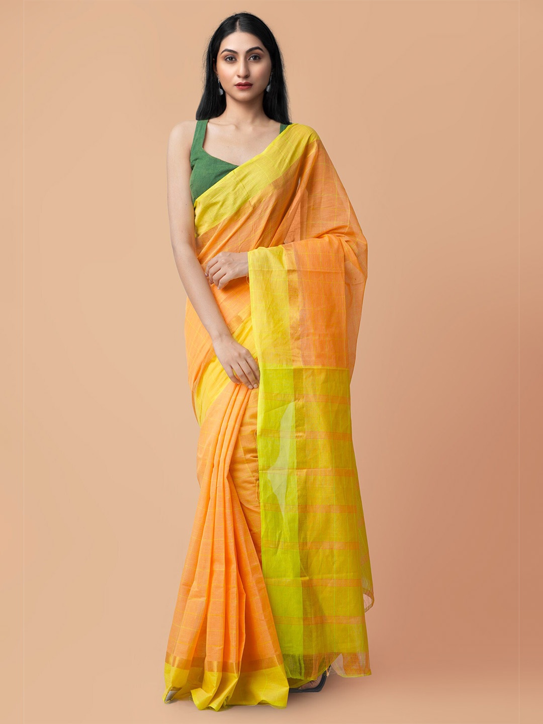 

Unnati Silks Woven Design Pure Cotton Handloom Mangalagiri Zari Saree, Orange