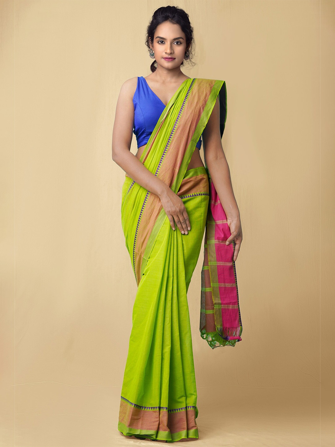 

Unnati Silks Woven Design Pure Cotton Mangalagiri Zari Saree, Green