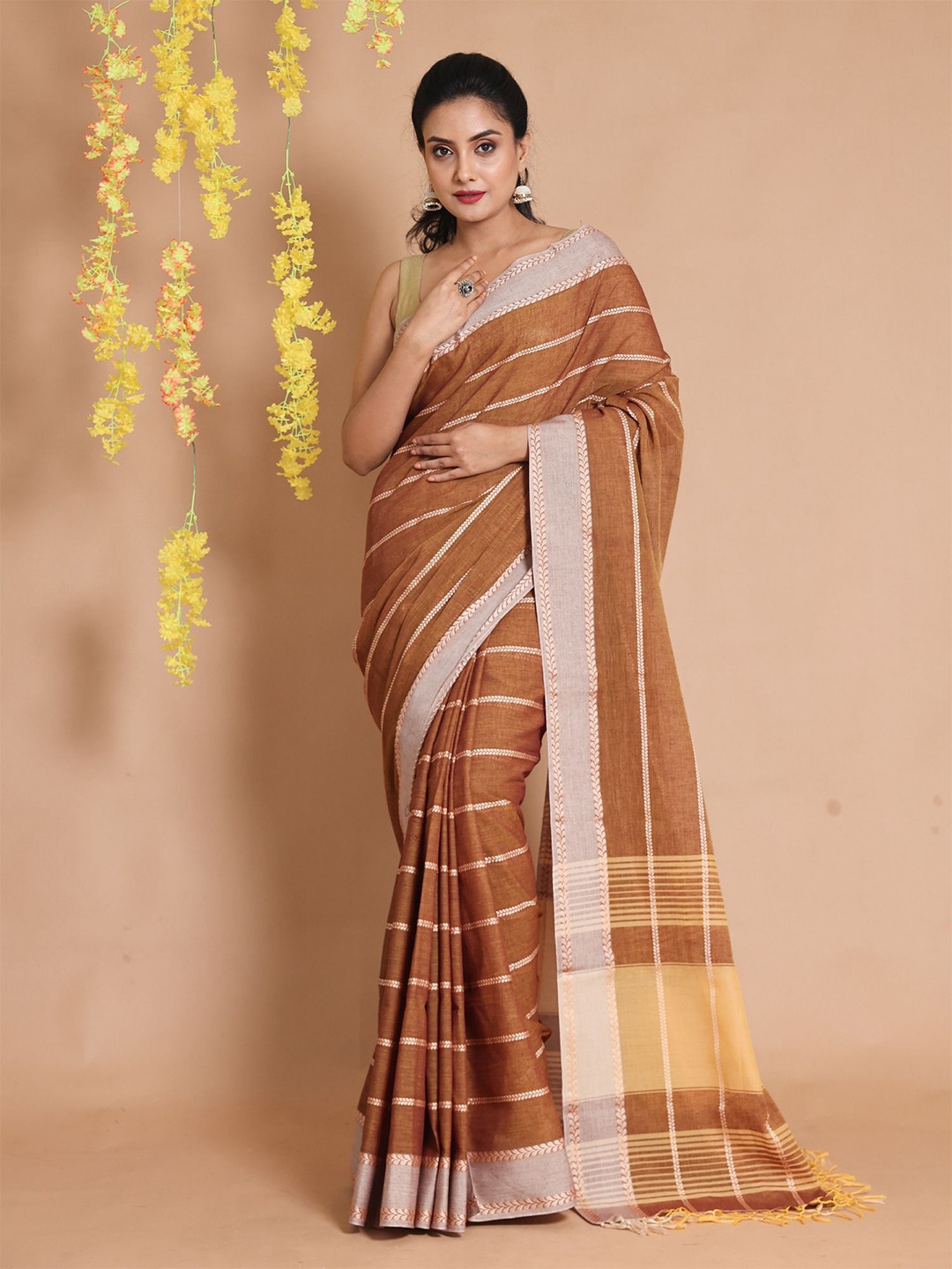 

Charukriti Woven Design Zari Pure Cotton Saree, Brown