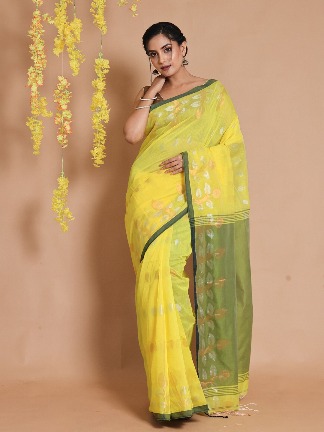 

Charukriti Woven Design Zari Pure Cotton Saree, Yellow