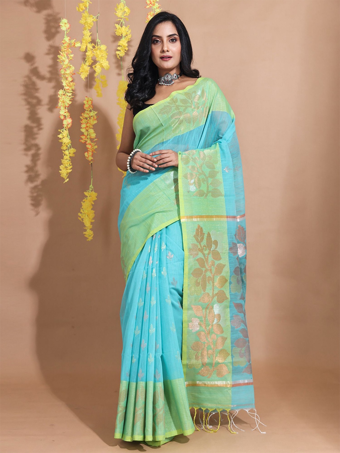 

Charukriti Woven Design Zari Pure Cotton Saree, Blue