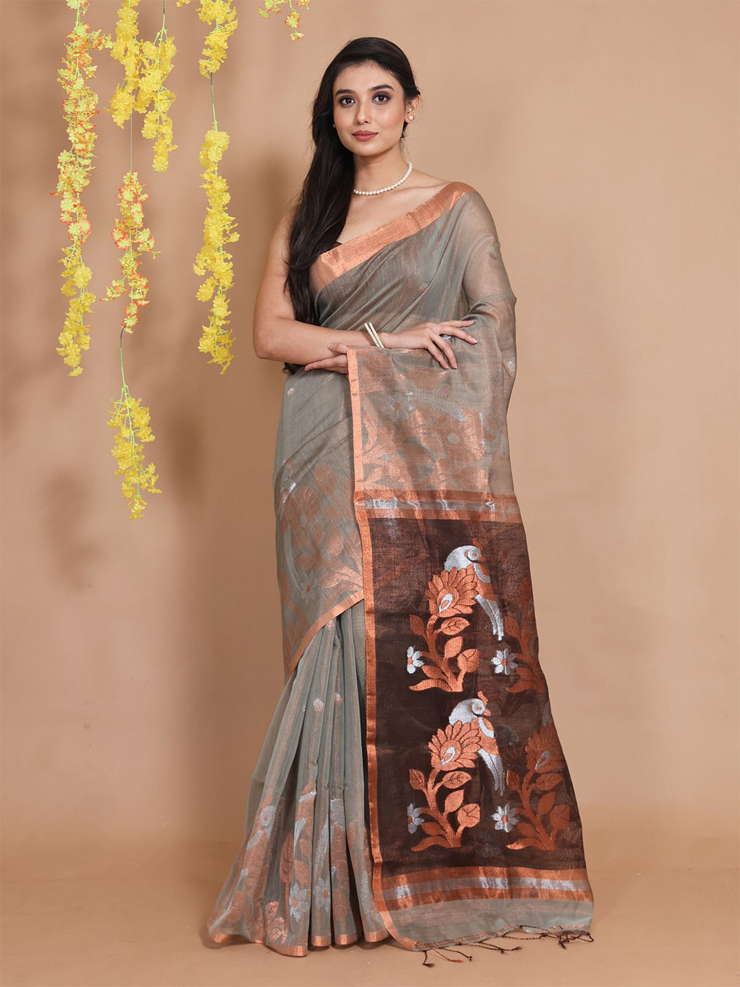 

Charukriti Woven Design Zari Tissue Saree, Grey