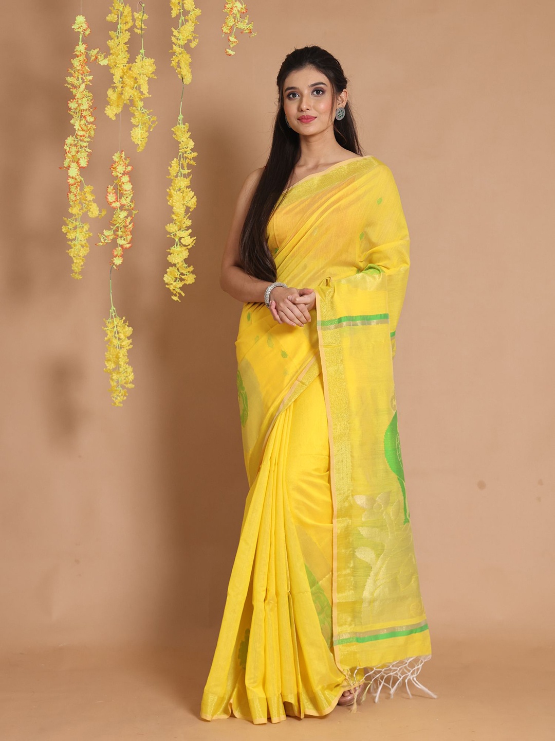 

Charukriti Yellow & Green Woven Design Zari Saree