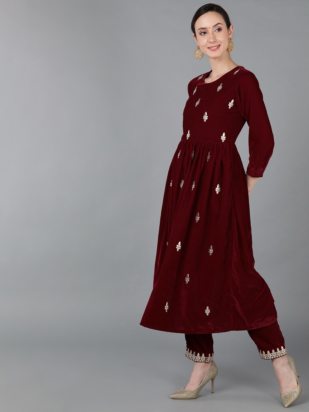 

AHIKA Self Design Velvet A-Line Kurta with Trousers & With Dupatta, Maroon