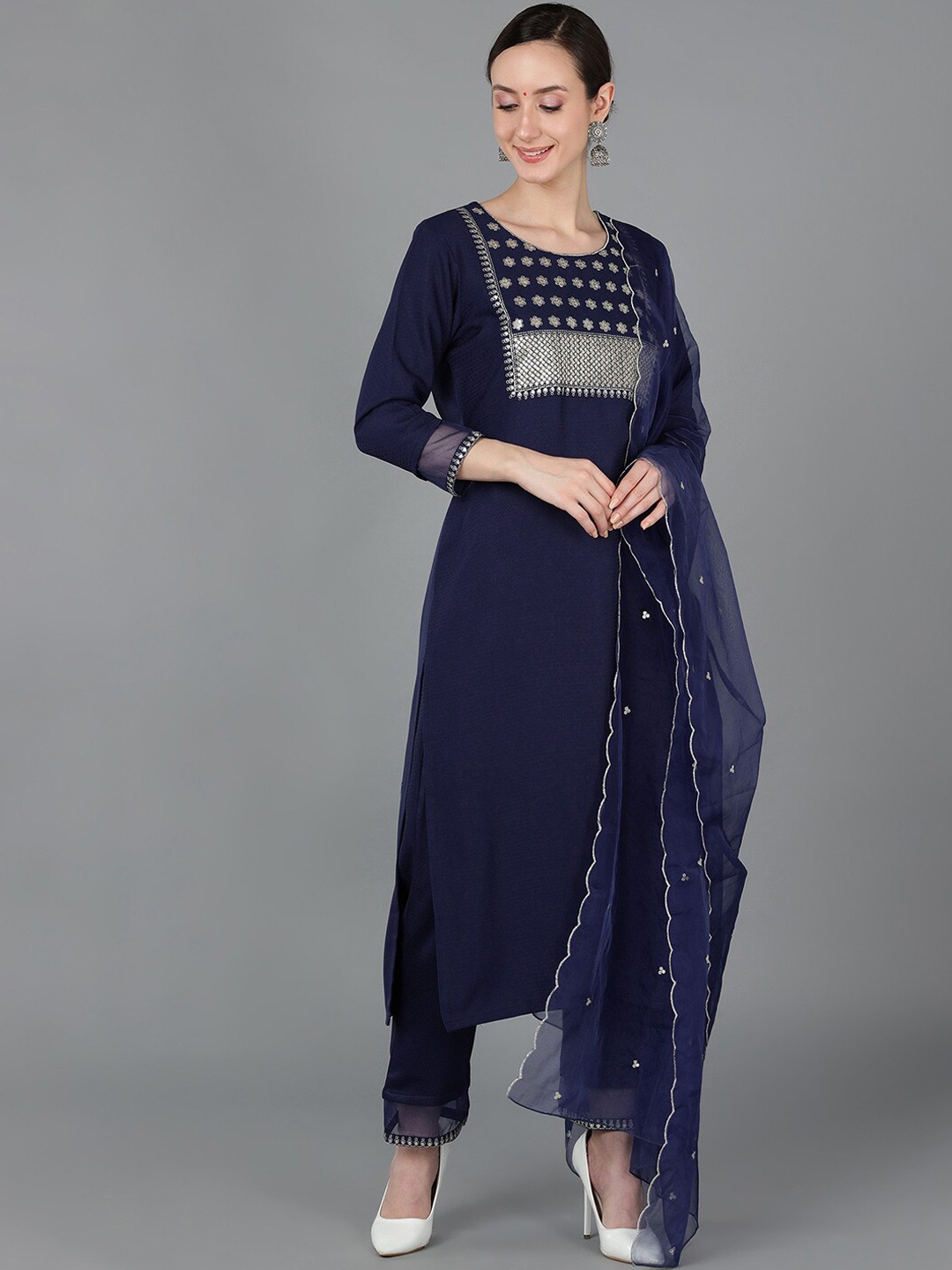 

AHIKA Yoke Design Straight Kurta with Trousers & With Dupatta, Navy blue