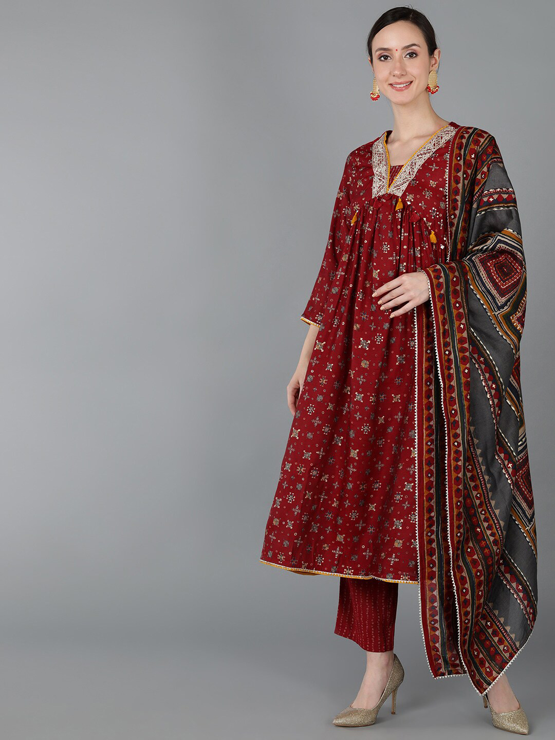 

AHIKA Embroidered Chanderi Silk A-Line Kurta with Trousers & With Dupatta, Maroon