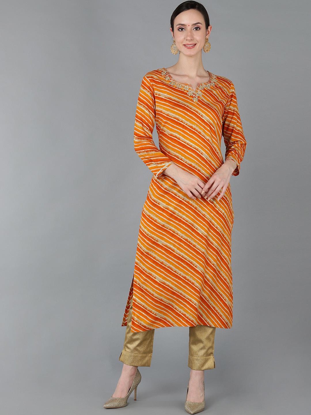 

AHIKA Round Neck Striped Gotta Patti Chanderi Silk Kurta, Orange
