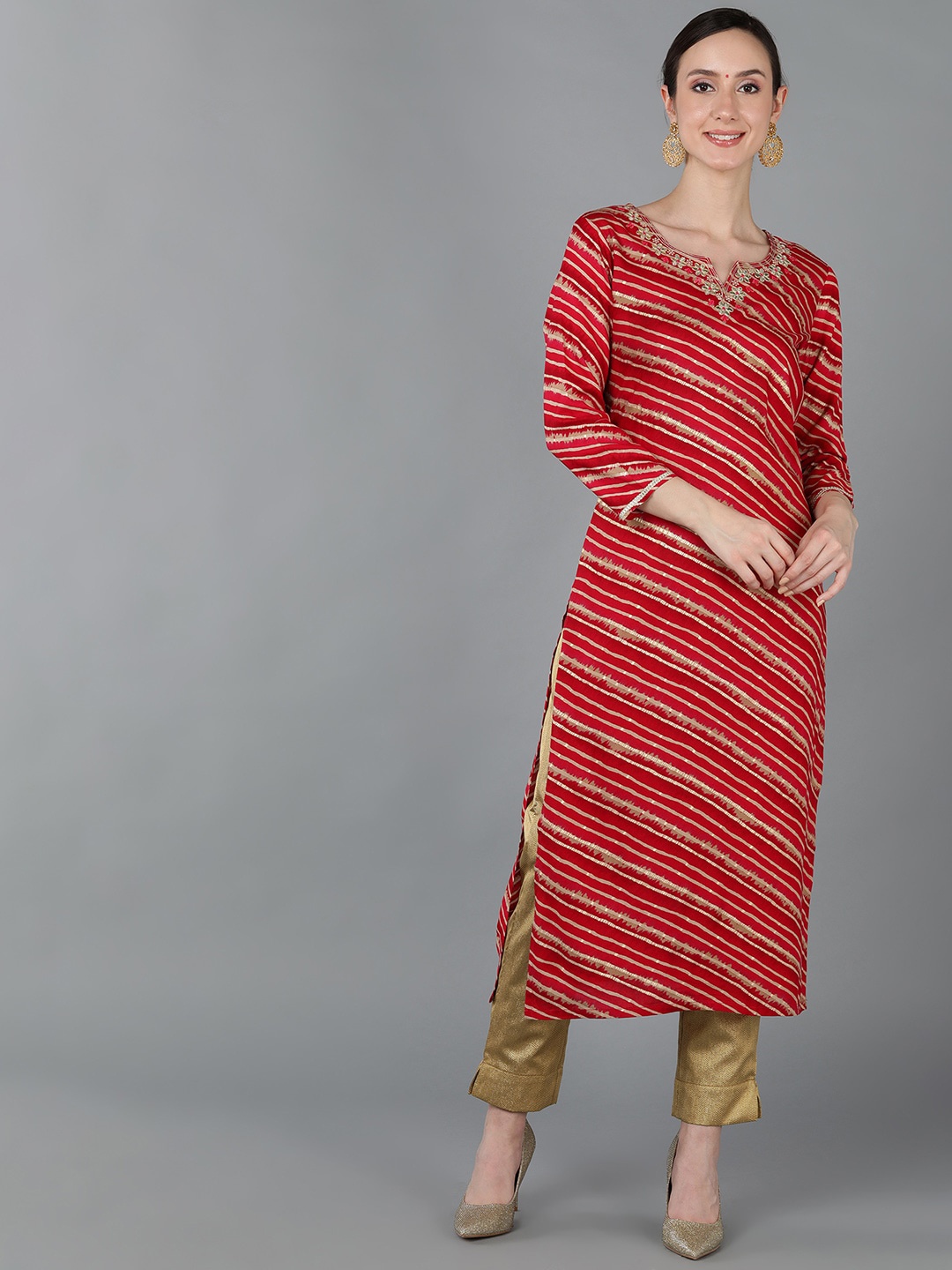 AHIKA Women Red Striped Mirror Work Chanderi Silk Kurta