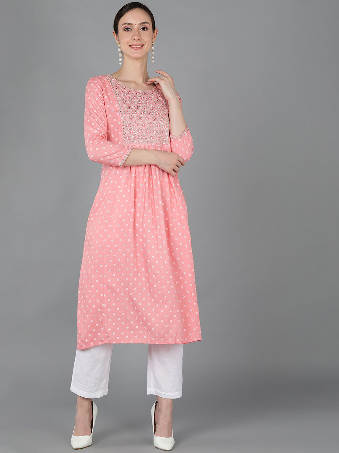

AHIKA Ethnic Motifs Printed Thread Work Chanderi Silk Kurta, Pink