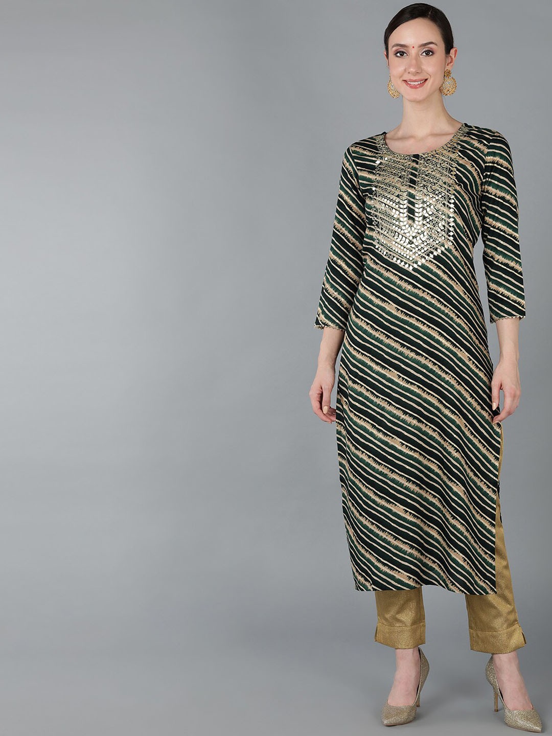 AHIKA Striped Mirror Work Straight Regular Kurta, Green