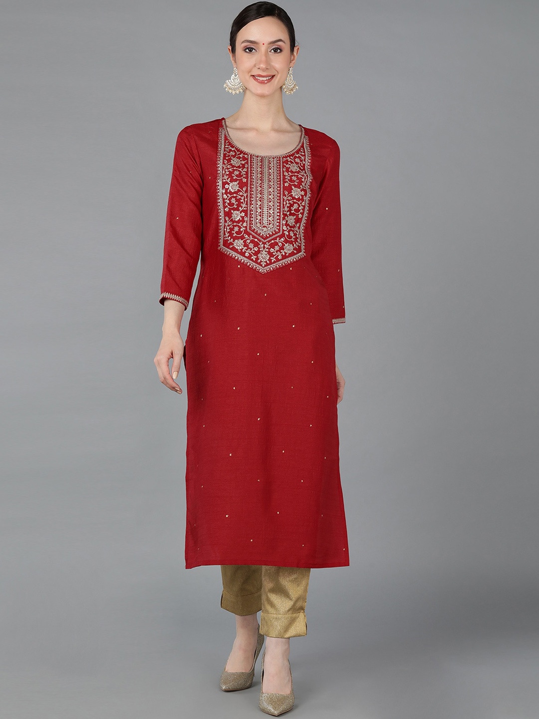 

AHIKA Ethnic Motifs Yoke Design Chanderi Silk Kurta, Red