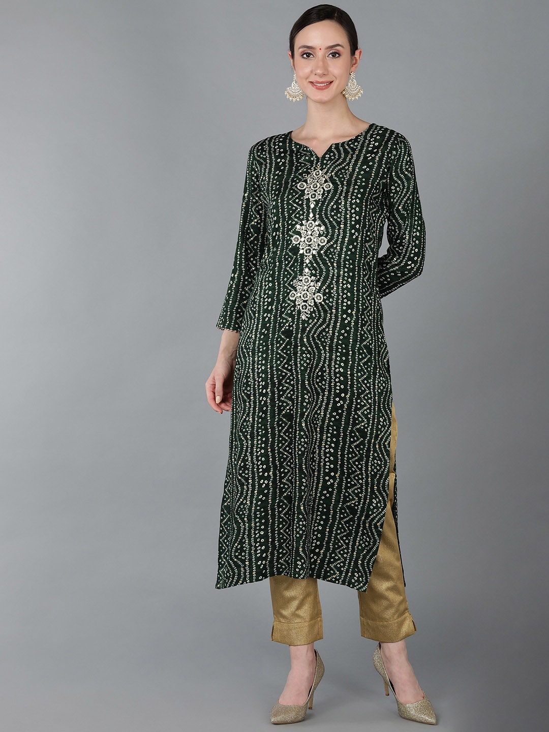 

AHIKA Bandhani Printed Notched Neck Kurta, Green